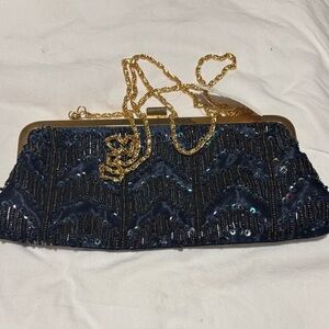 Elegant Navy Beaded Clutch with Gold Chain- never worn